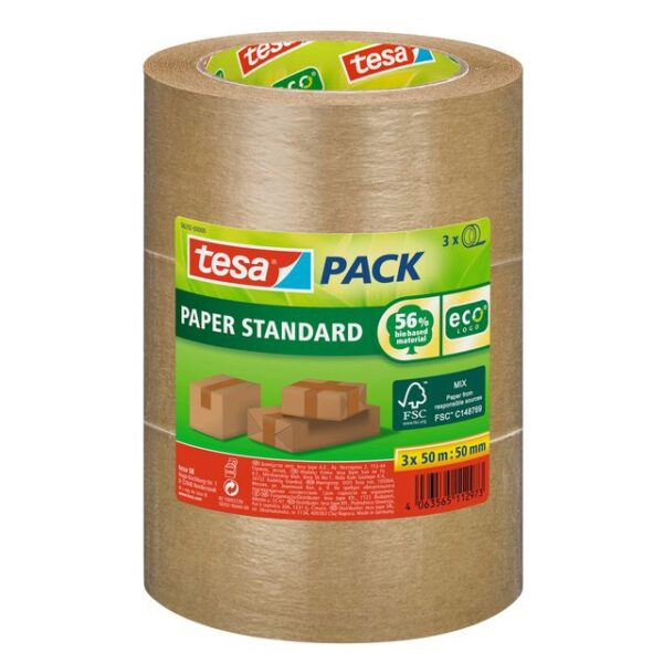 Verpakkingstape tesapack® Papier Standard ecoLogo 50mx50mm bruin bundel 3 rollen | 6 stuks