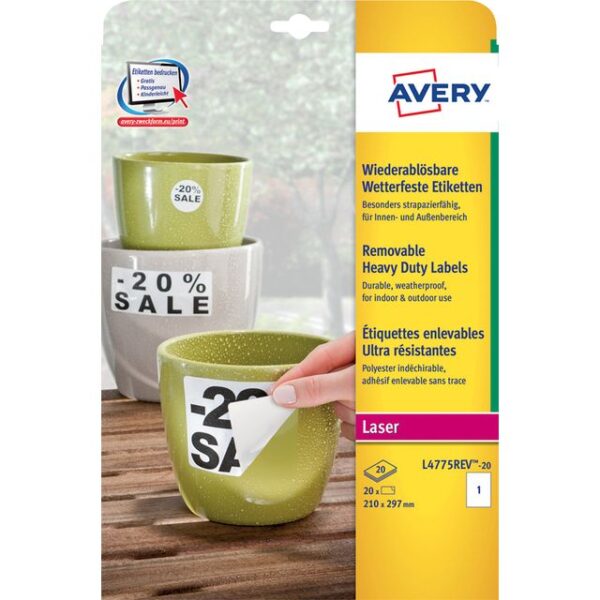 Etiket Avery L4775REV-20 210x297mm wit 20 etiketten