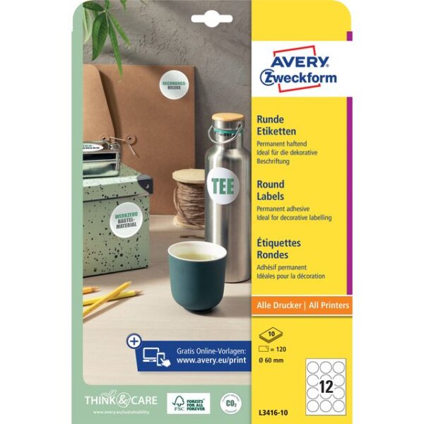 Etiket Avery Zweckform L3416-10 rond 60mm wit 120stuks