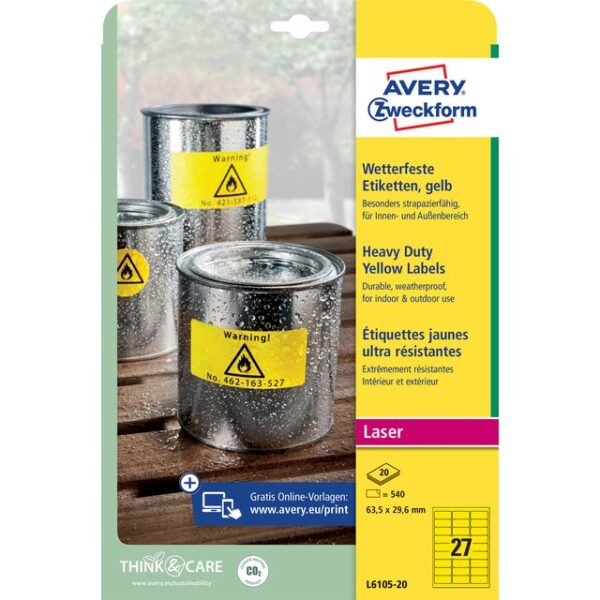 Etiket Avery Zweckform L6105-20 63.5x29.6mm geel 540stuks