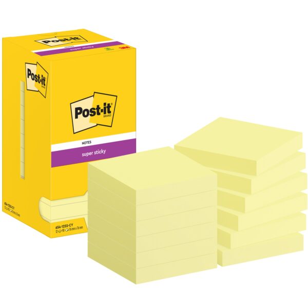 Memoblok post-it 654 super sticky 76x76mm geel | 12 stuks
