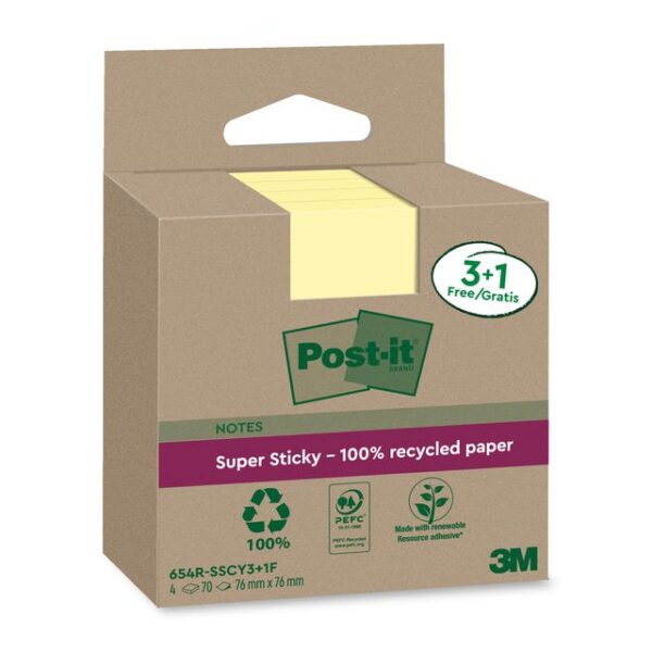Memoblok 3m post-it 654 rsscol 76x76mm geel 3+1 | 8 stuks