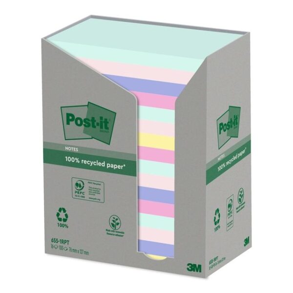 Memoblok Post-it 655-RPT 76x127mm recycled rainbow pastel 16 stuks