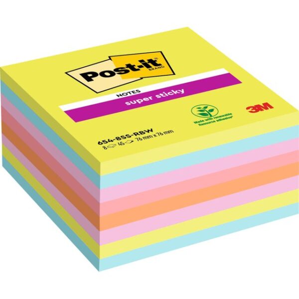 Memoblok post-it 654 super sticky 76x76mm rainbow