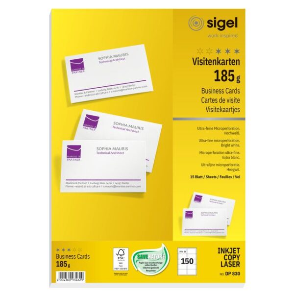 Visitekaart Sigel 85x55mm blanco 185gr wit 150 stuks