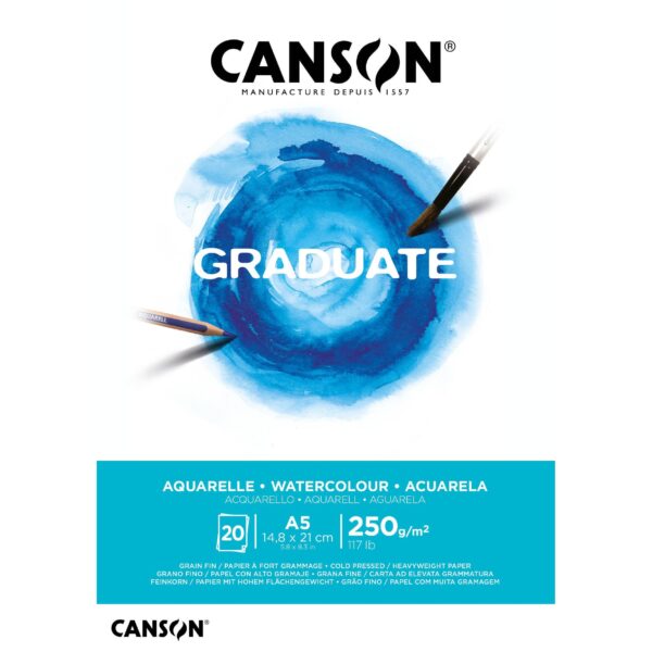 Aquarelpapier Canson Graduate Watercolour 20vel 250gr A5 natuurlijk wit | 5 stuks