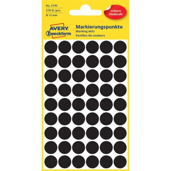 Etiket Avery Zweckform 3140 rond 12mm zwart 270 etiketten | 10 stuks