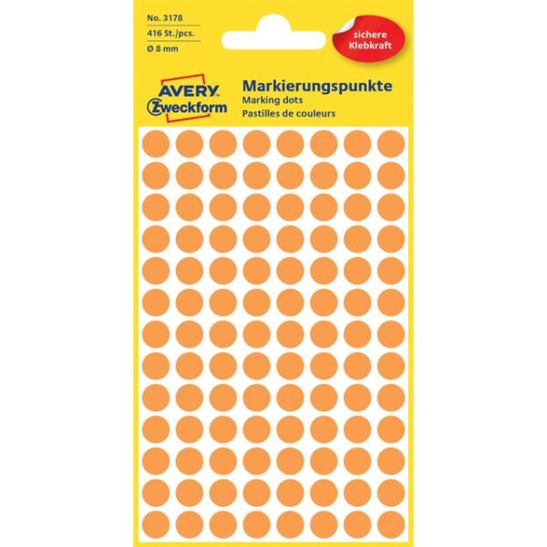 Etiket Avery Zweckform 3178 rond 8mm oranje 416 etiketten | 10 stuks