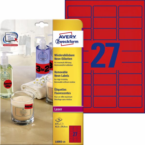 Etiket Avery L6003-25 63.5x29.6 neon rood 675 etiketten | 5 stuks