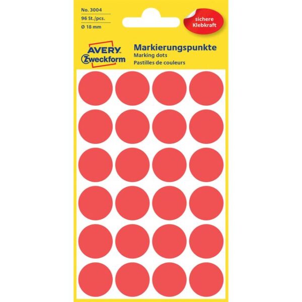 Etiket Avery Zweckform 3004 rond 18mm rood 96 etiketten