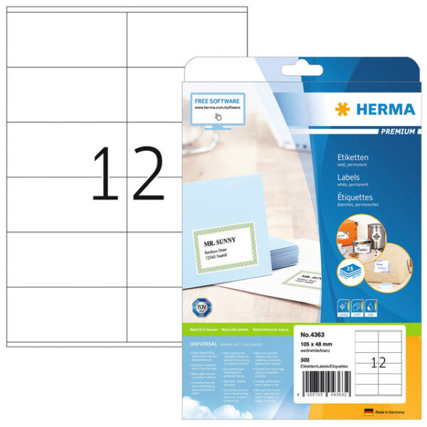 Etiket HERMA 4363 105x48mm premium wit 300 etiketten | 32 stuks