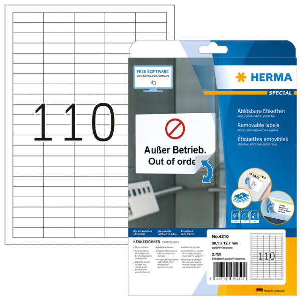 Etiket HERMA 4210 38.1x12.7mm verwijderbaar wit 2750 etiketten | 32 stuks