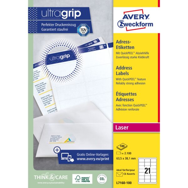 Etiket Avery L7160-100 63.5x38.1mm wit 2100 etiketten