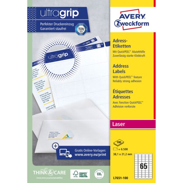 Etiket Avery L7651-100 38.1x21.2mm wit 6500 etiketten