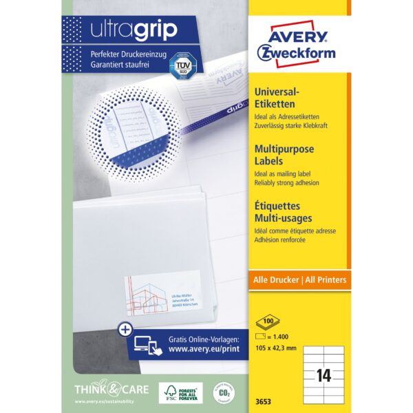 Etiket Avery Zweckform 3653 105x42.3Mm wit 1400stuks