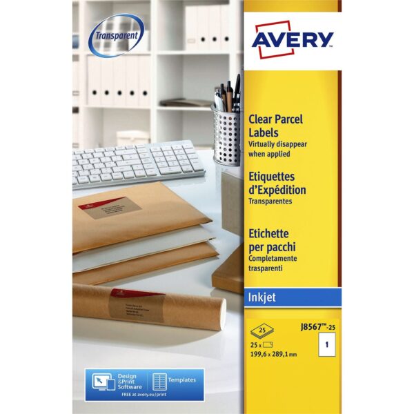 Etiket Avery J8567-25 210x297mm A4 transparant 25 etiketten | 5 stuks