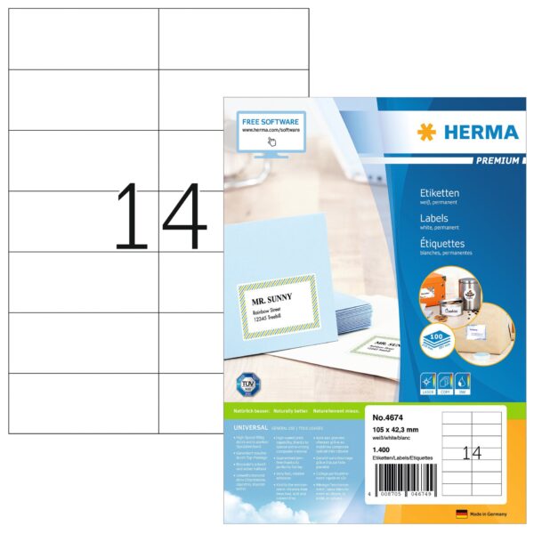 Etiket HERMA 4674 105x42.3mm premium wit 1400stuks