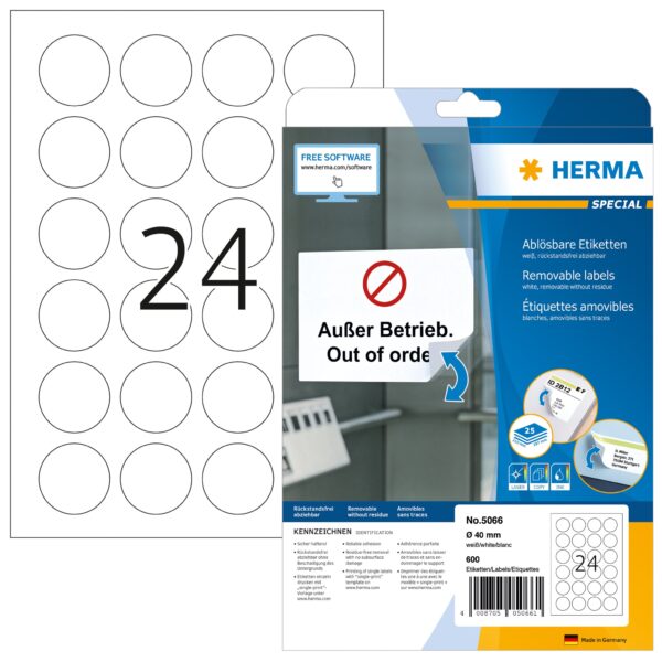 Etiket HERMA 5066 40mm verwijderbaar wit 600 etiketten | 36 stuks