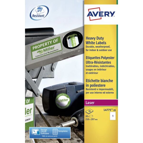 Etiket Avery L4775-20 210x297mm polyester wit 20 etiketten