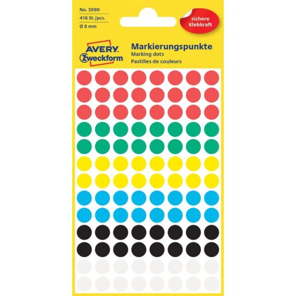 Etiket Avery Zweckform 3090 rond 8mm assorti 416 etiketten | 10 stuks