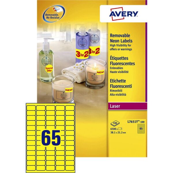 Etiket Avery L7651Y-100 38.1x21.2mm neon geel 6500 etiketten