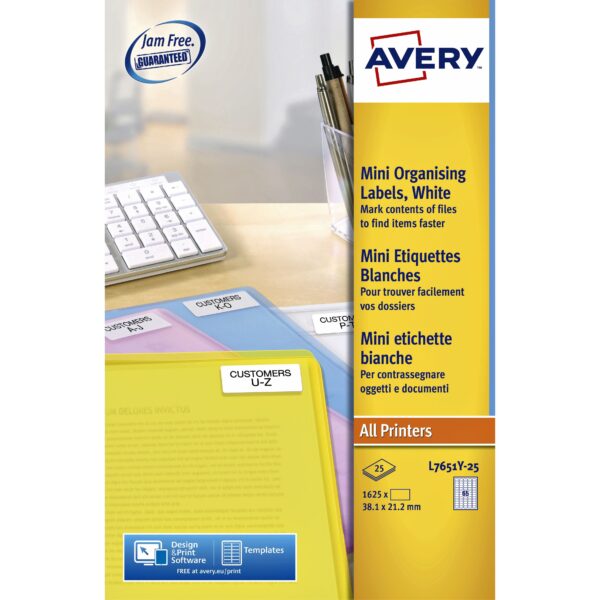 Etiket Avery L7651Y-25 38.1x21.2mm neon geel 1625 etiketten