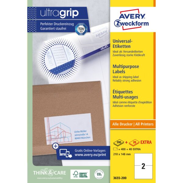Etiket Avery Zweckform 3655-200 210x148mm A5 wit 400stuks
